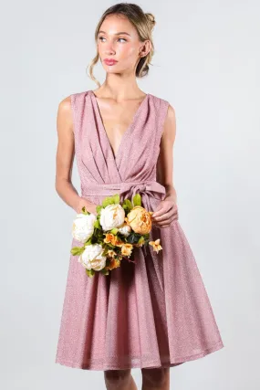 Blush V-Neck Sleeveless Tie Waist Metalic Mini Dress