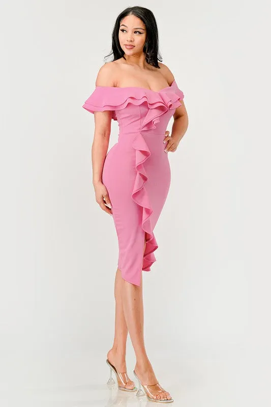 Candy Pink Off Shoulder Ruffle Trim Bodycon Dress