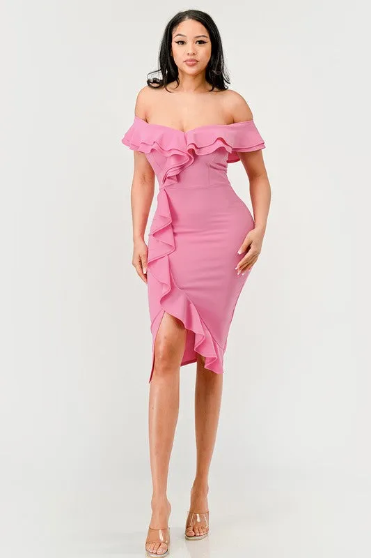 Candy Pink Off Shoulder Ruffle Trim Bodycon Dress