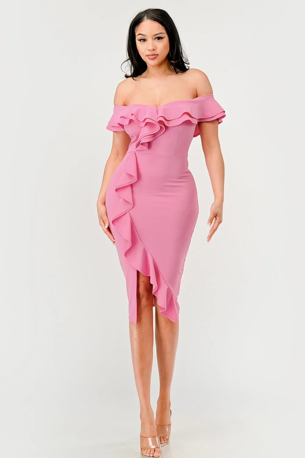 Candy Pink Off Shoulder Ruffle Trim Bodycon Dress