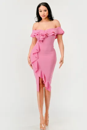 Candy Pink Off Shoulder Ruffle Trim Bodycon Dress