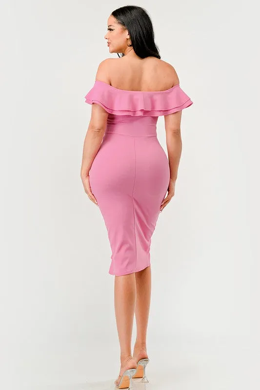 Candy Pink Off Shoulder Ruffle Trim Bodycon Dress