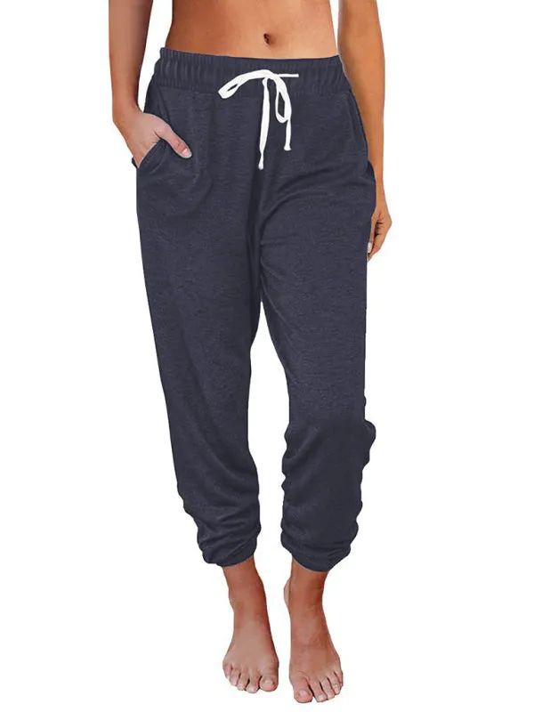 Elora Women's Solid Color Casual Loose Pocket High Waist Cropped Pants