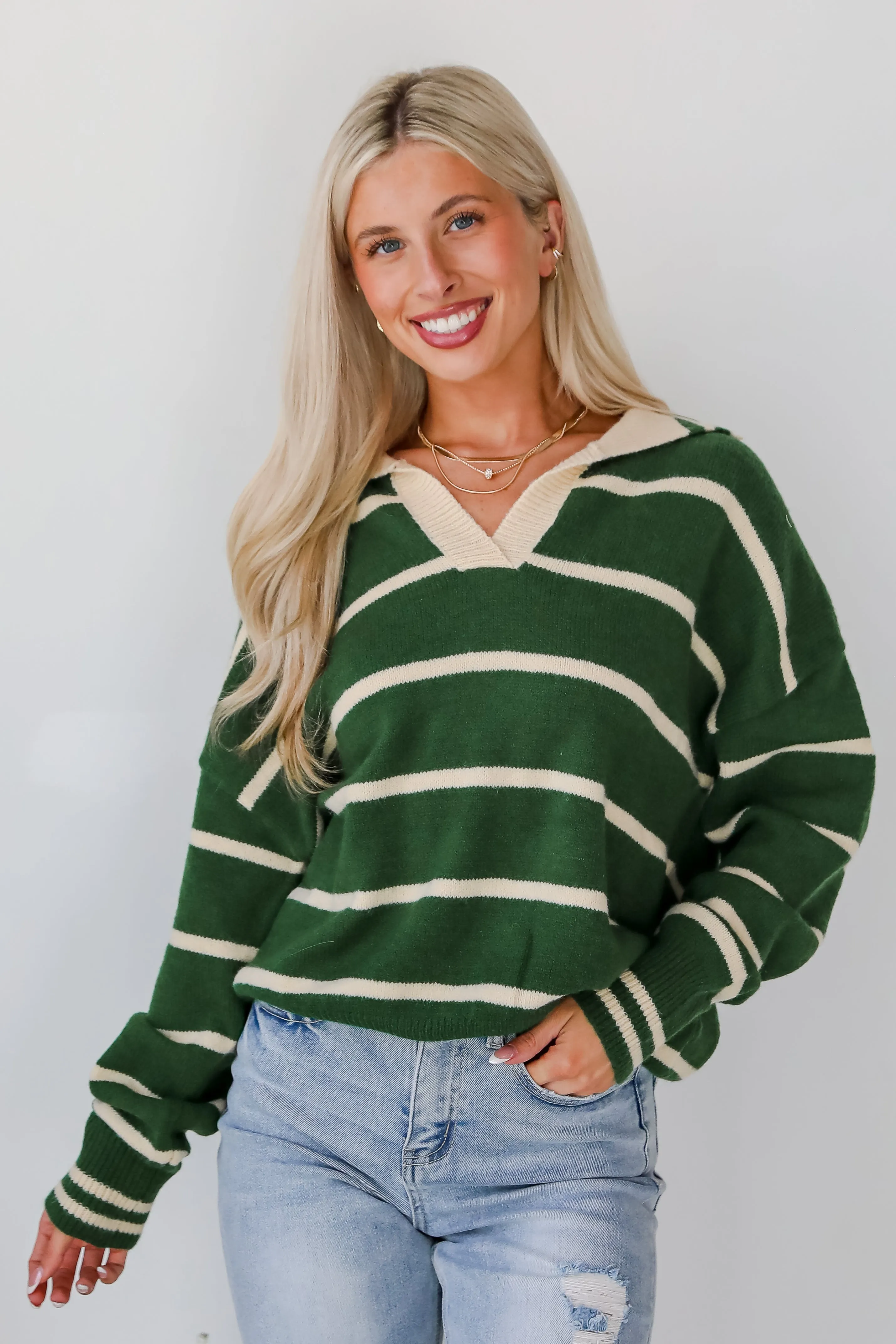 FINAL SALE - Fashionable Outcome Green Striped Collared Sweater