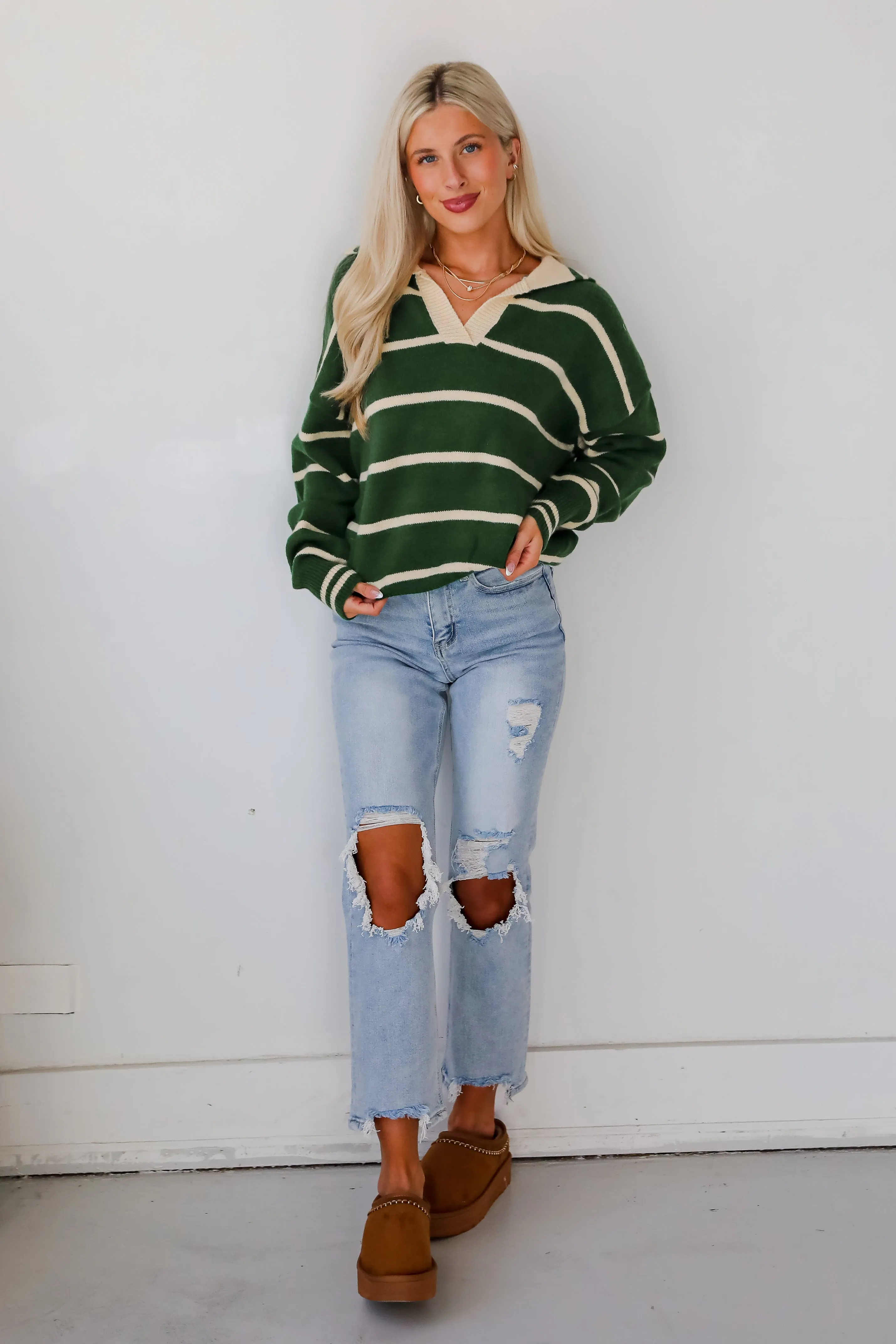 FINAL SALE - Fashionable Outcome Green Striped Collared Sweater