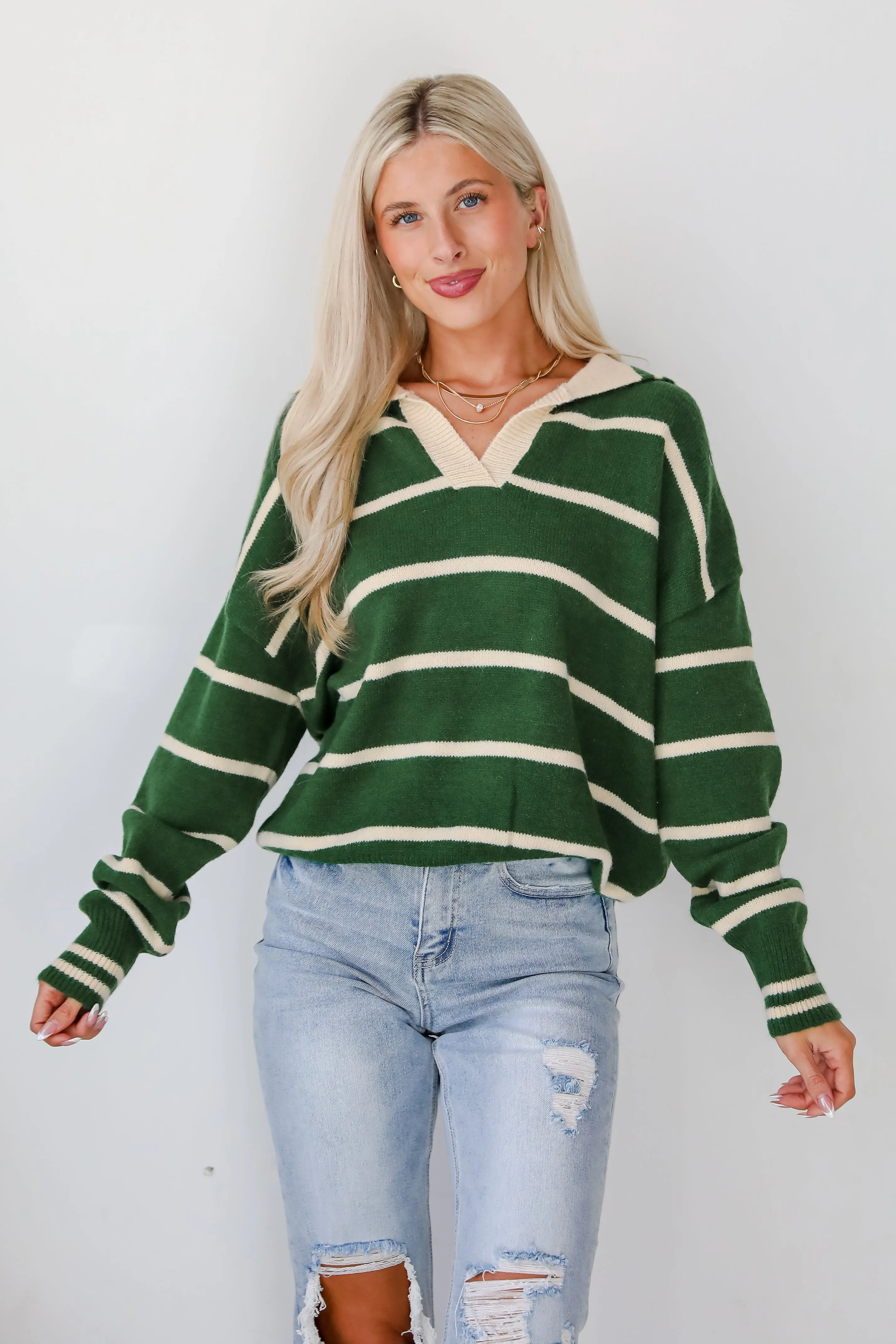 FINAL SALE - Fashionable Outcome Green Striped Collared Sweater