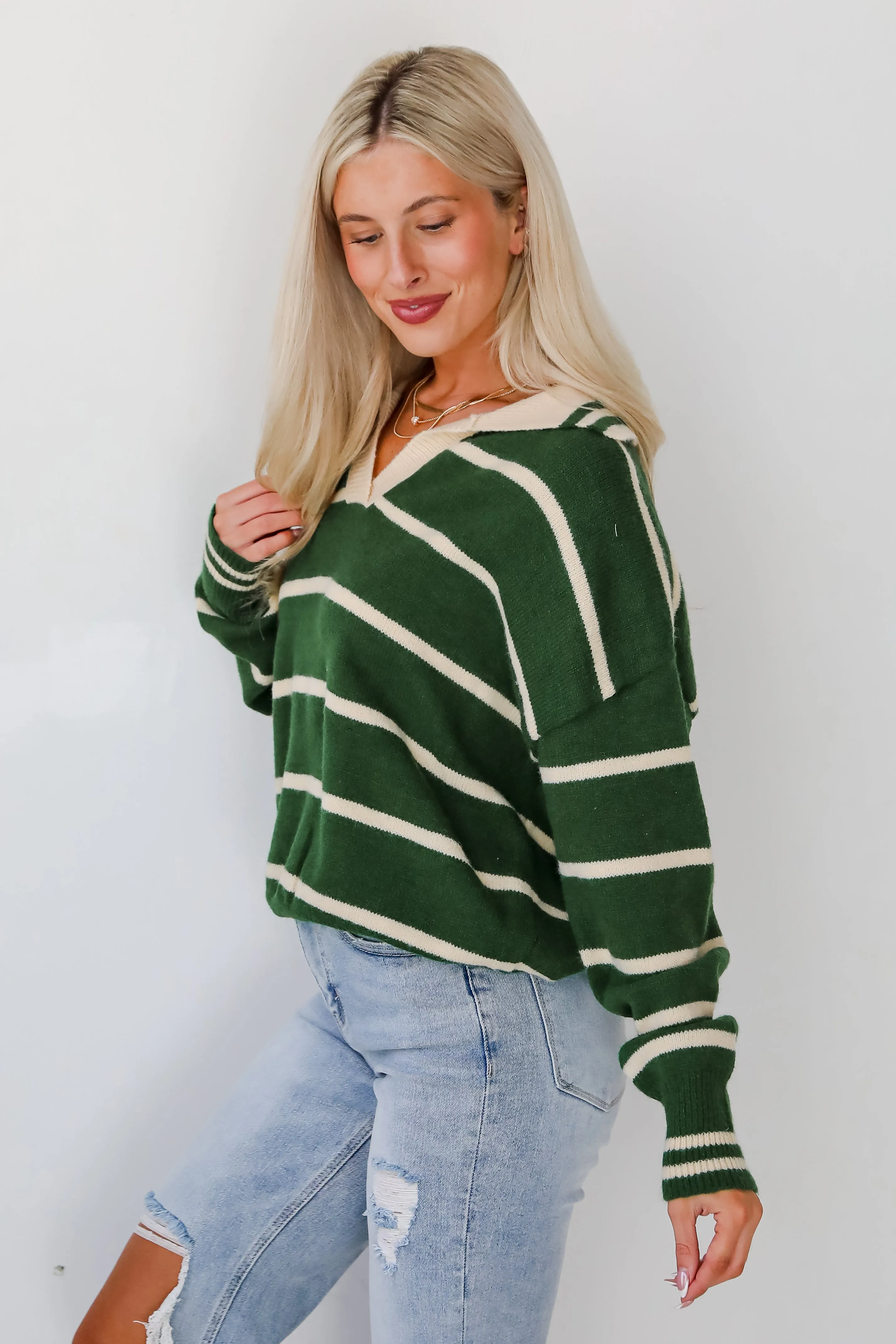 FINAL SALE - Fashionable Outcome Green Striped Collared Sweater