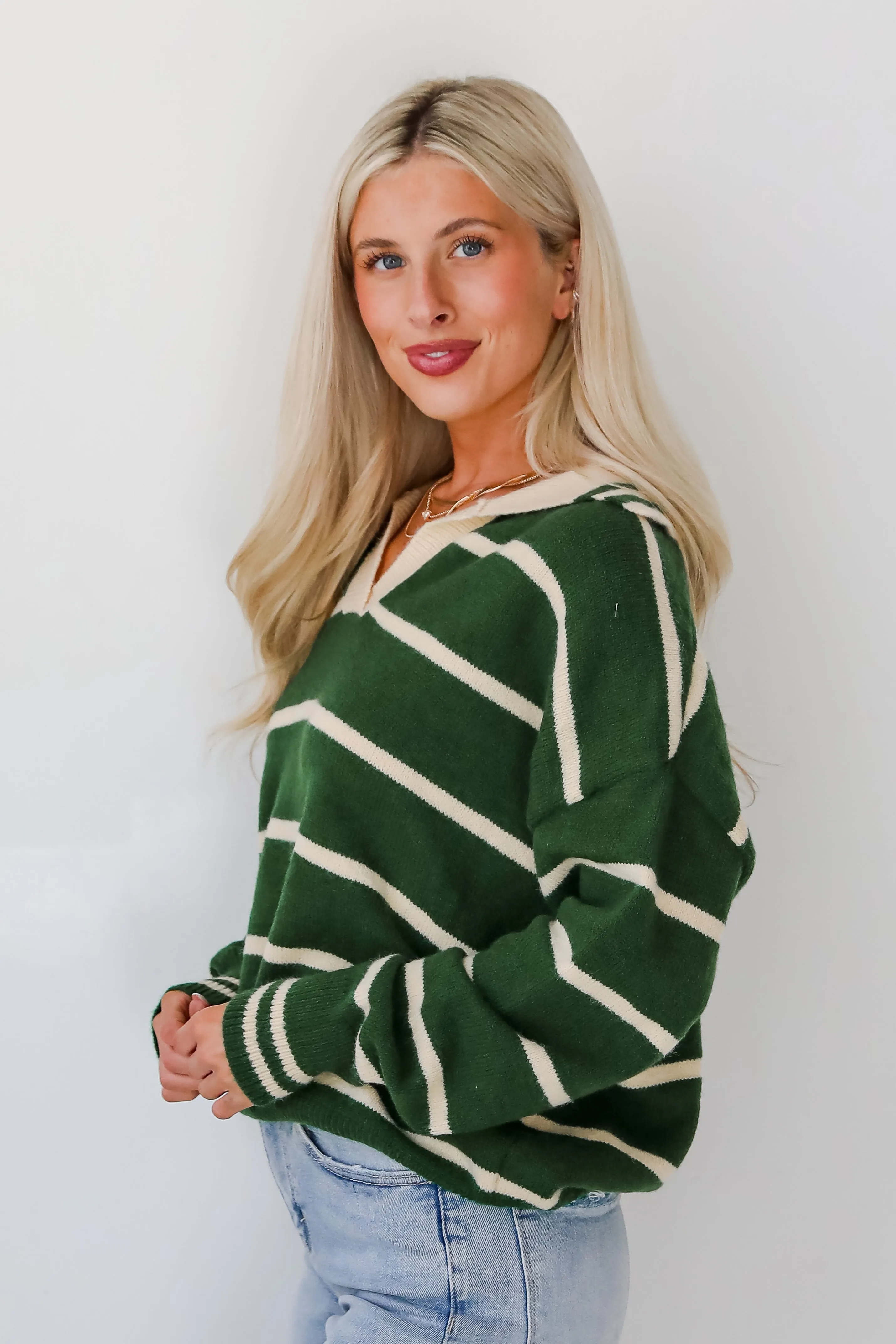 FINAL SALE - Fashionable Outcome Green Striped Collared Sweater