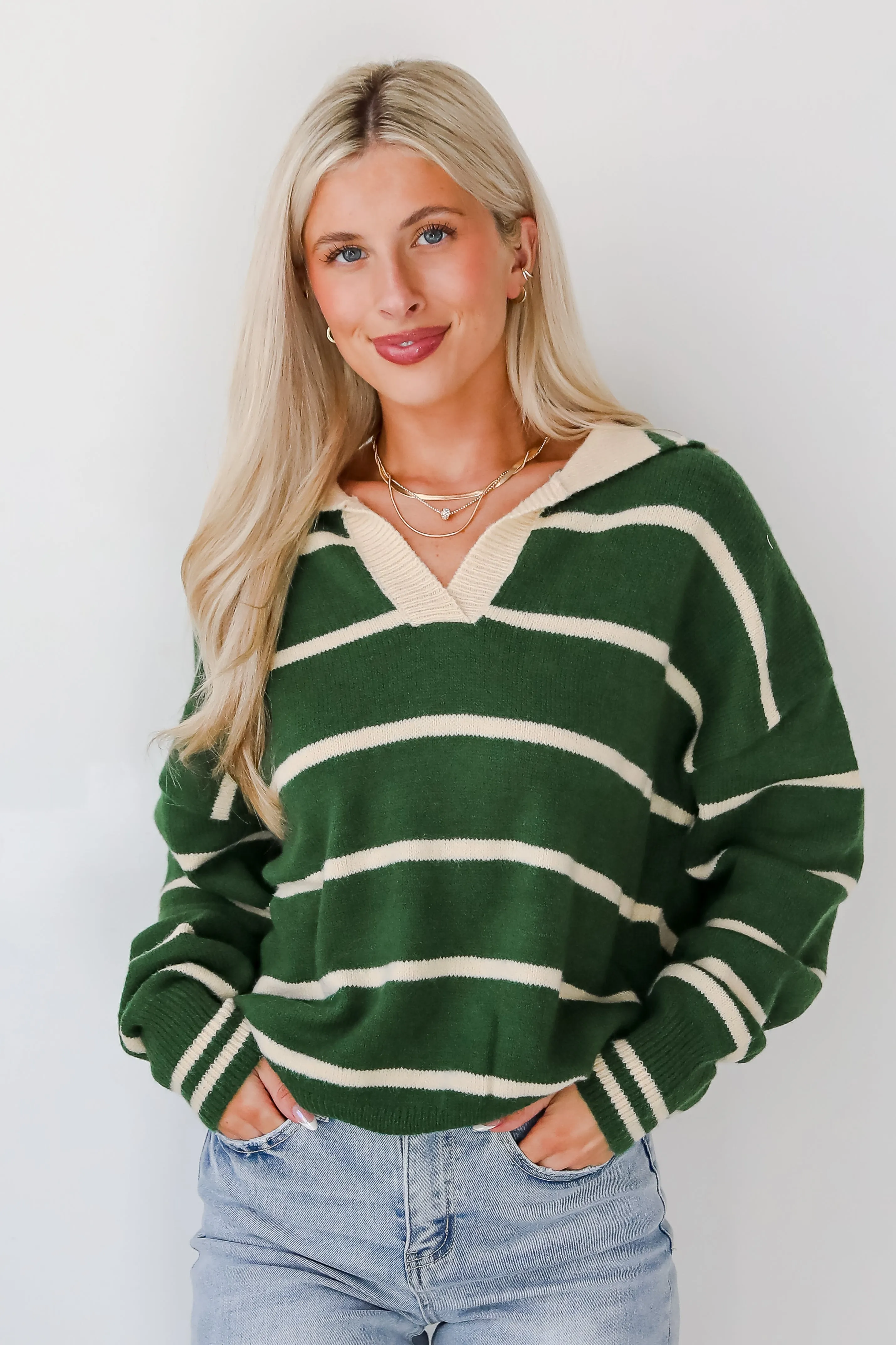 FINAL SALE - Fashionable Outcome Green Striped Collared Sweater