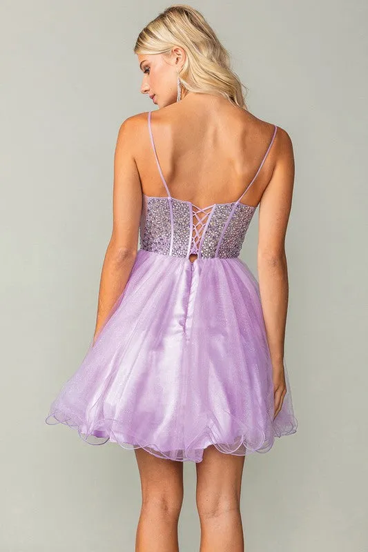 Lilac Bustier Illusion Rhinestone Top A Line Short Dress