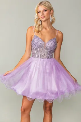 Lilac Bustier Illusion Rhinestone Top A Line Short Dress
