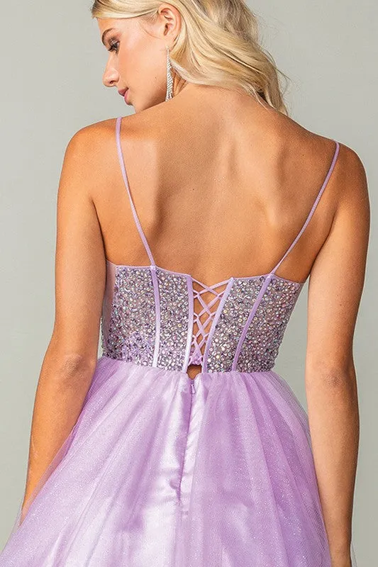 Lilac Bustier Illusion Rhinestone Top A Line Short Dress