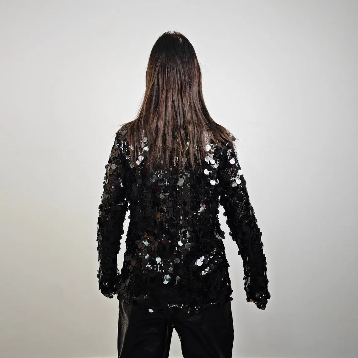 Long sleeve sequin embellished mesh top black body hugging luxury embroidered t-shirt luminous going out fancy dress jumper party pullover