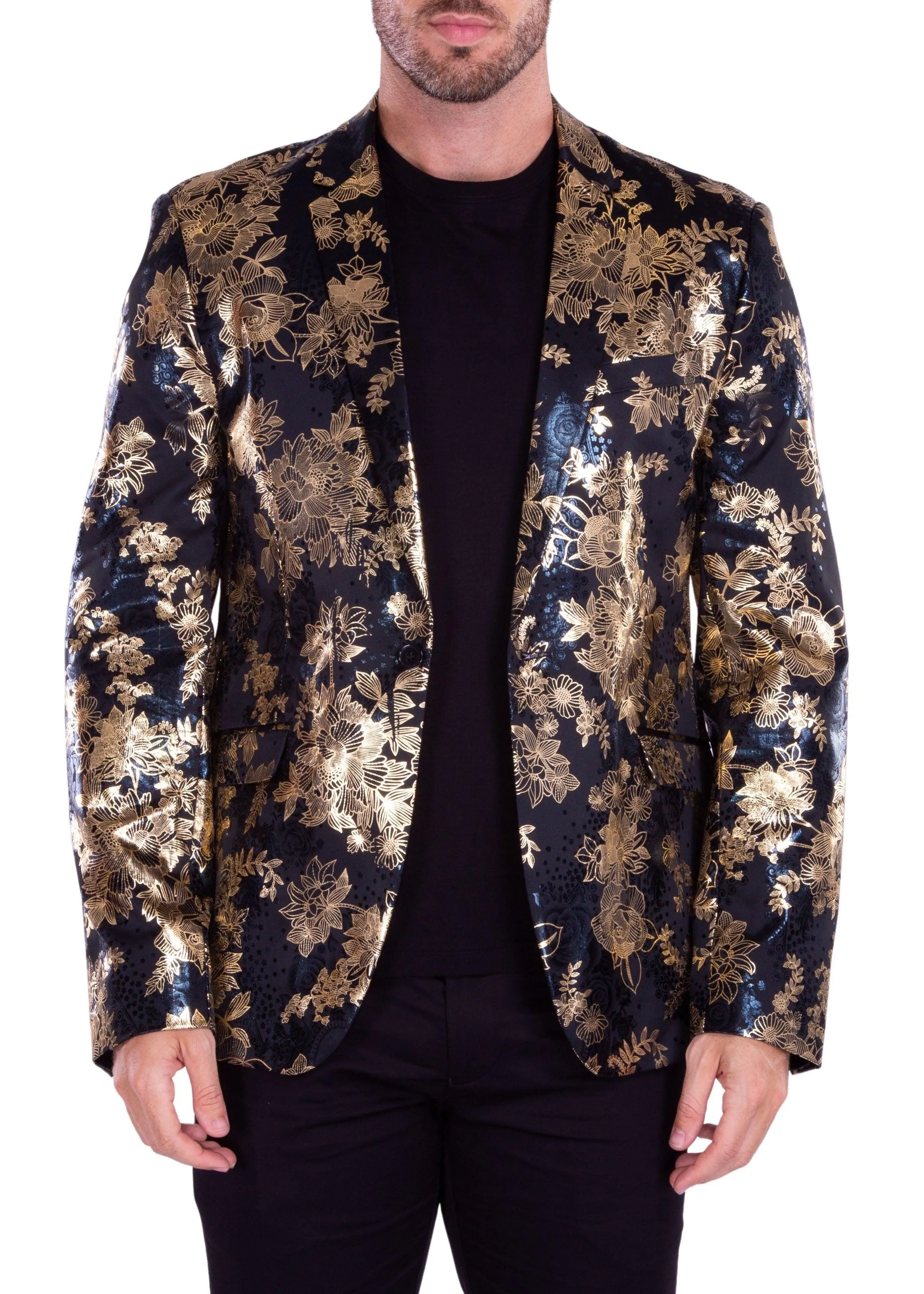 Metallic Japanese Print Floral Pattern Evening Blazer Gold
