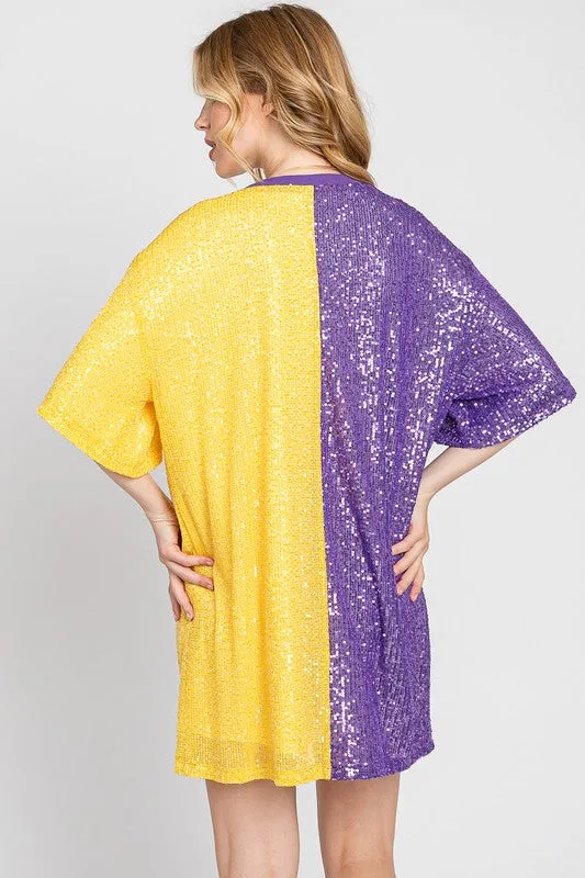 Purple/Yellow Color Block Sequin Dress Top