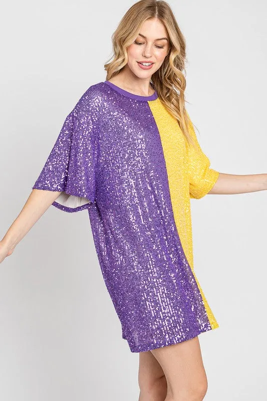 Purple/Yellow Color Block Sequin Dress Top