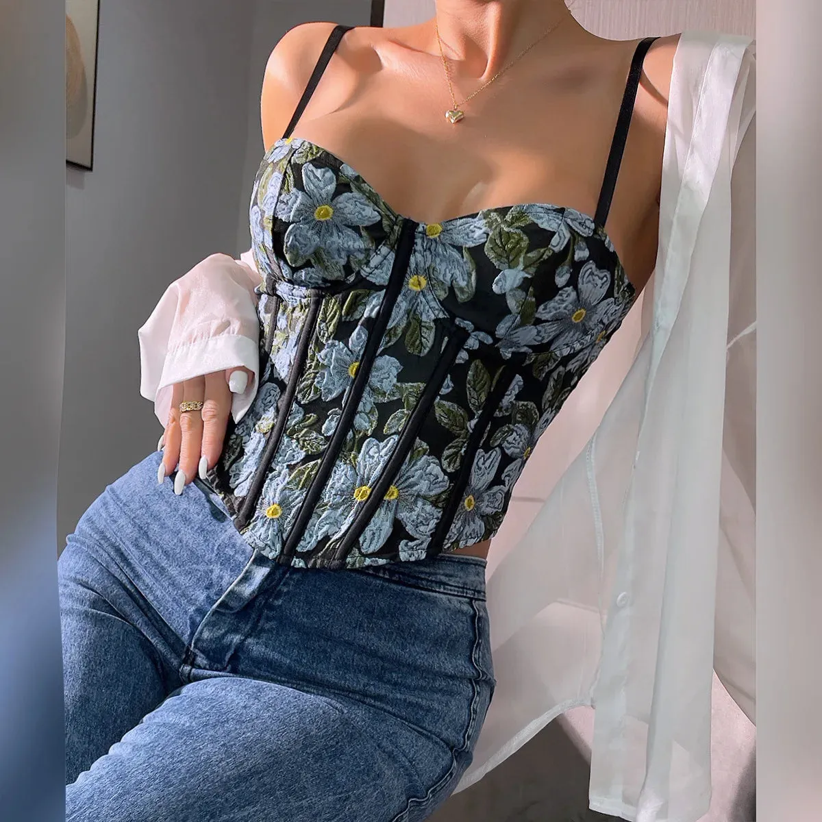 Vintage Glamour Boned Bustier Zip Back Crop Top