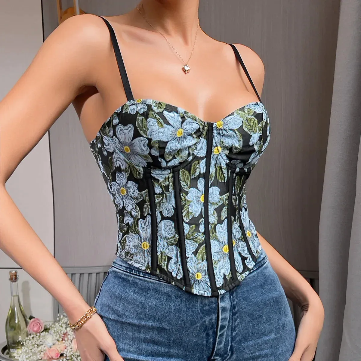 Vintage Glamour Boned Bustier Zip Back Crop Top