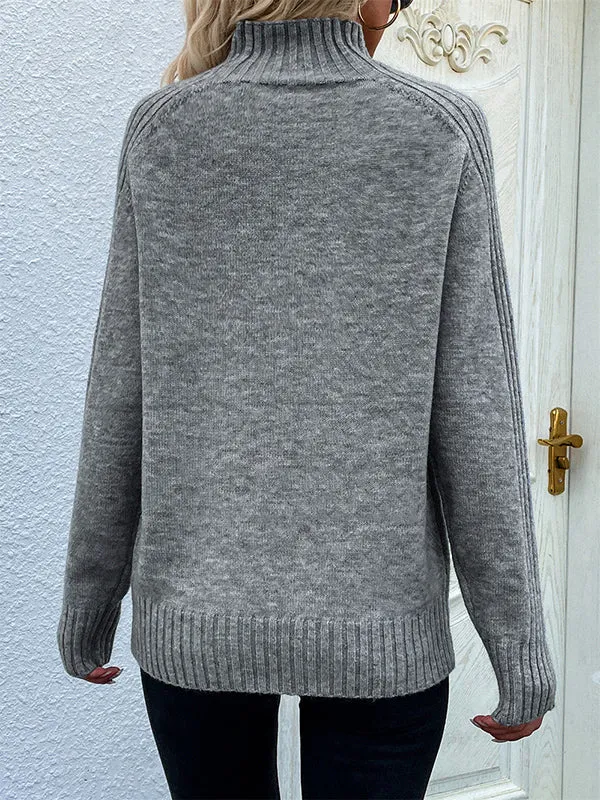 xakxx Stylish Long Sleeves Loose Solid Color High-Neck Sweater Tops