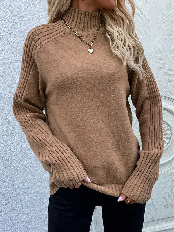 xakxx Stylish Long Sleeves Loose Solid Color High-Neck Sweater Tops