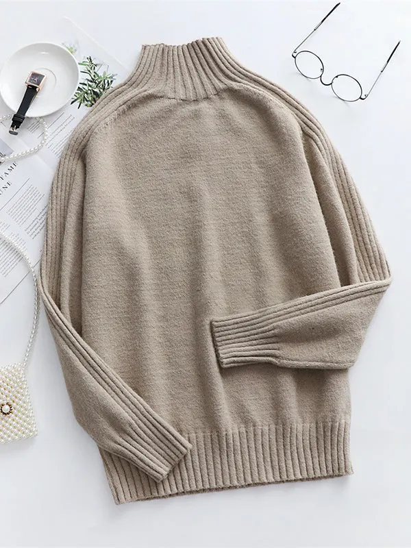 xakxx Stylish Long Sleeves Loose Solid Color High-Neck Sweater Tops