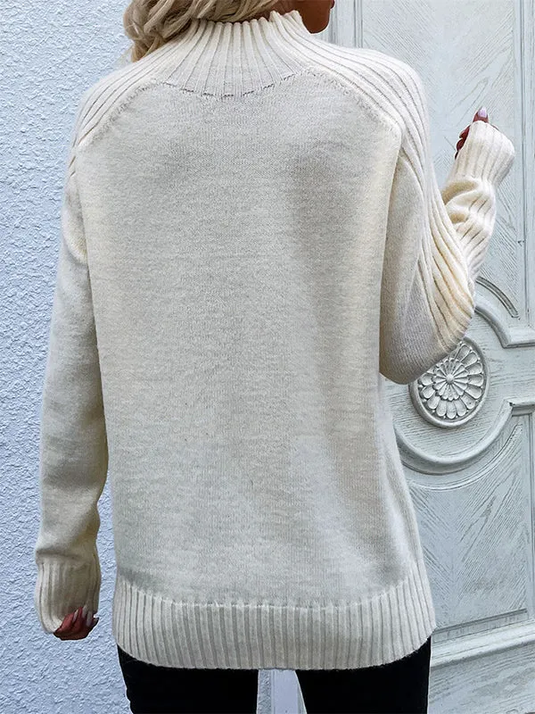 xakxx Stylish Long Sleeves Loose Solid Color High-Neck Sweater Tops