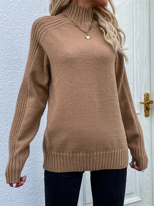 xakxx Stylish Long Sleeves Loose Solid Color High-Neck Sweater Tops