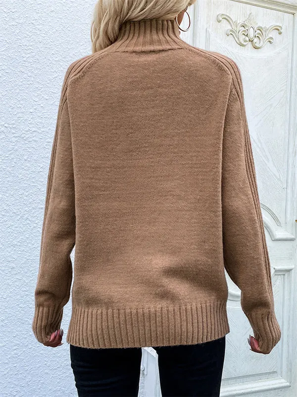 xakxx Stylish Long Sleeves Loose Solid Color High-Neck Sweater Tops