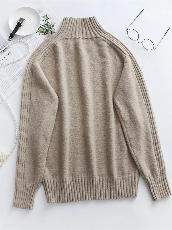 xakxx Stylish Long Sleeves Loose Solid Color High-Neck Sweater Tops