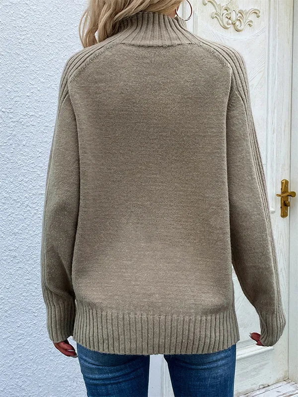 xakxx Stylish Long Sleeves Loose Solid Color High-Neck Sweater Tops
