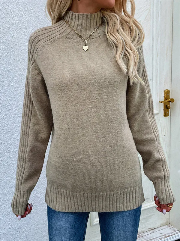 xakxx Stylish Long Sleeves Loose Solid Color High-Neck Sweater Tops