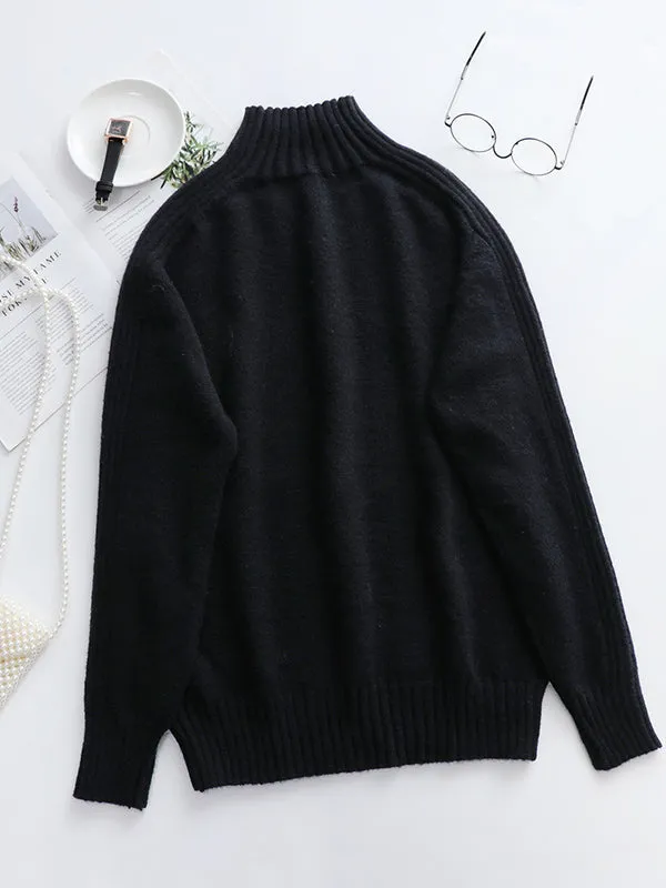 xakxx Stylish Long Sleeves Loose Solid Color High-Neck Sweater Tops