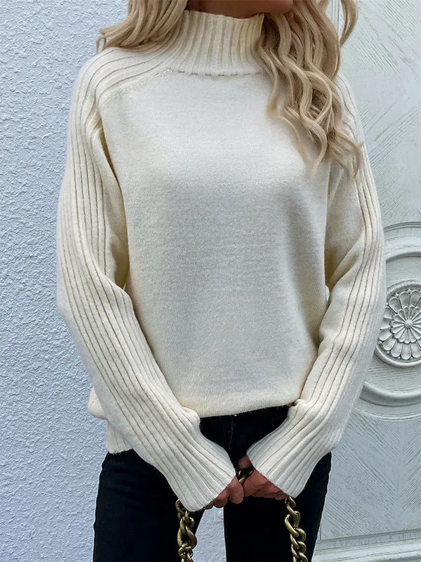 xakxx Stylish Long Sleeves Loose Solid Color High-Neck Sweater Tops