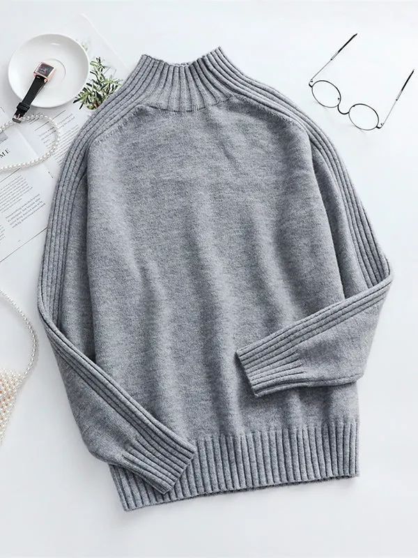 xakxx Stylish Long Sleeves Loose Solid Color High-Neck Sweater Tops