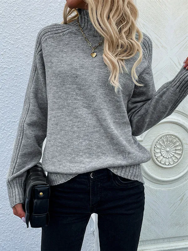 xakxx Stylish Long Sleeves Loose Solid Color High-Neck Sweater Tops
