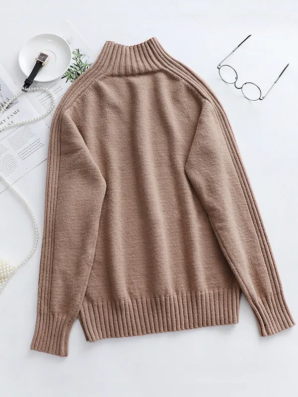 xakxx Stylish Long Sleeves Loose Solid Color High-Neck Sweater Tops