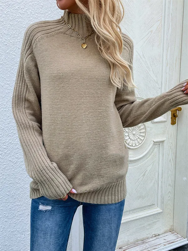 xakxx Stylish Long Sleeves Loose Solid Color High-Neck Sweater Tops