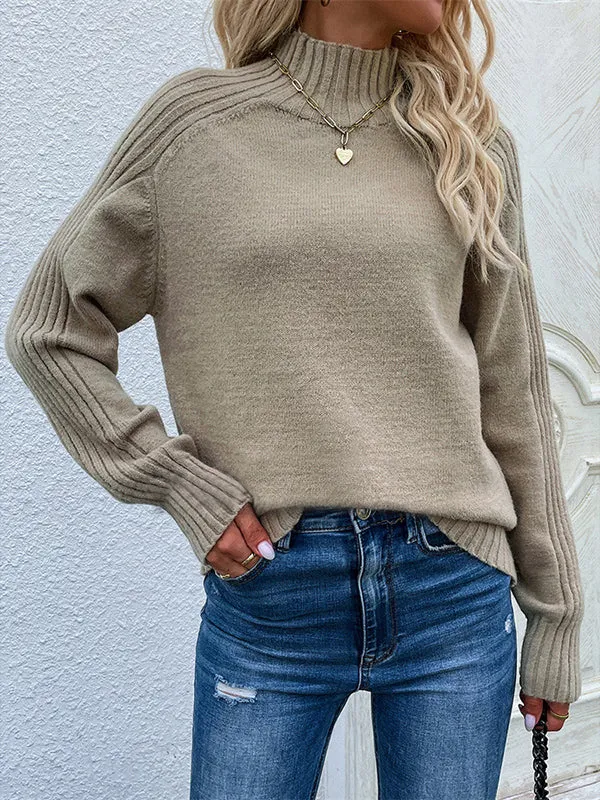 xakxx Stylish Long Sleeves Loose Solid Color High-Neck Sweater Tops