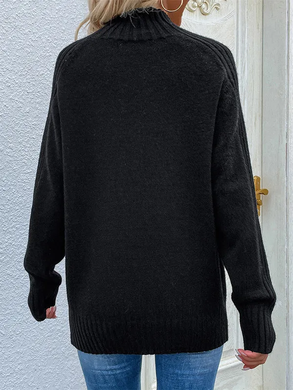 xakxx Stylish Long Sleeves Loose Solid Color High-Neck Sweater Tops