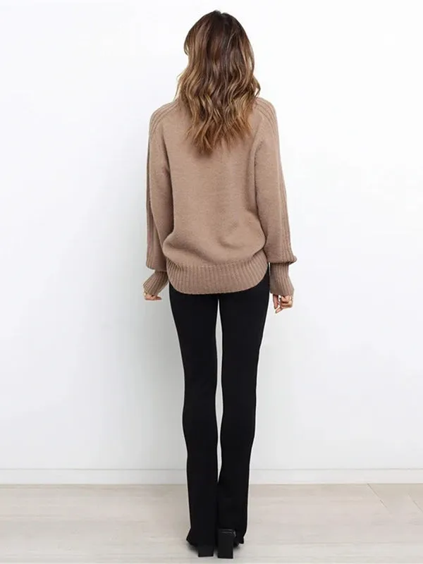 xakxx Stylish Long Sleeves Loose Solid Color High-Neck Sweater Tops