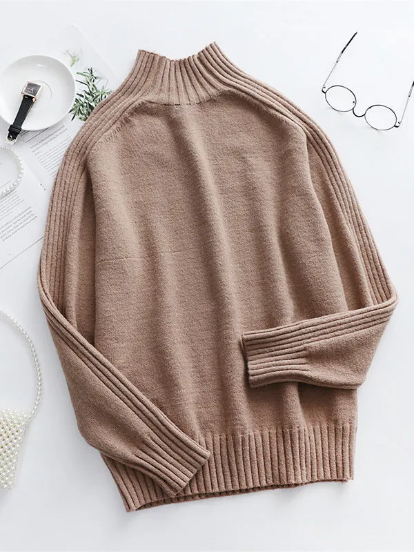 xakxx Stylish Long Sleeves Loose Solid Color High-Neck Sweater Tops