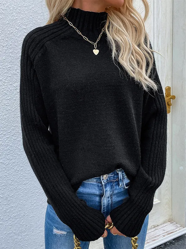 xakxx Stylish Long Sleeves Loose Solid Color High-Neck Sweater Tops