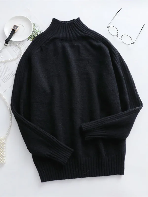 xakxx Stylish Long Sleeves Loose Solid Color High-Neck Sweater Tops